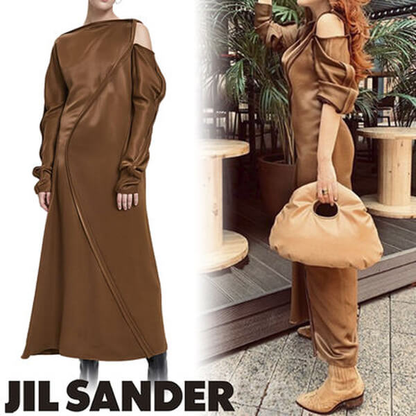 ジルサンダー ワンピース コピー【Jil Sander】カーブライン サテン ロング ワンピース Brown