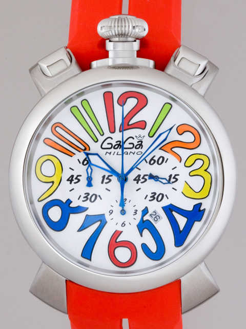 ガガ･ミラノスーパーコピー GAGAMILANO マニュアルクロノ 48mm　クォーツ z5050.1 レッドラバー ホワイト/マルチカラーアラビア