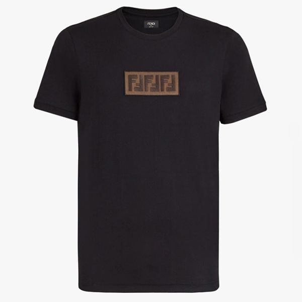 フェンディ ブラックコットンＴシャツ 偽物スエードパッチFF FY0894A28UF0QA1