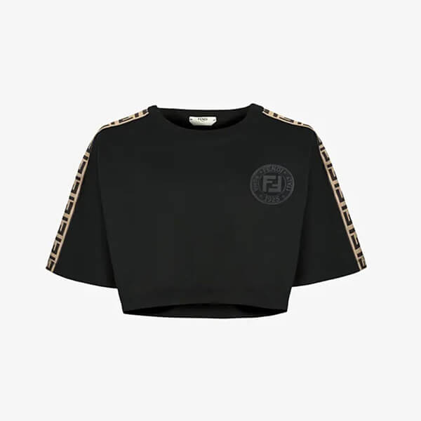 ☆フェンディ Tシャツ 偽物☆ FFロゴ リボン袖★ コットンＴシャツ WT/BK