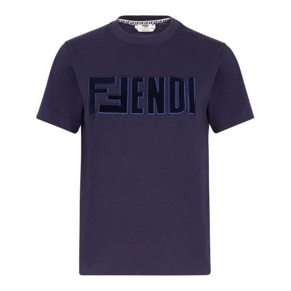 フェンディ Tシャツ 偽物 ブルーコットン クルーネックTシャツ