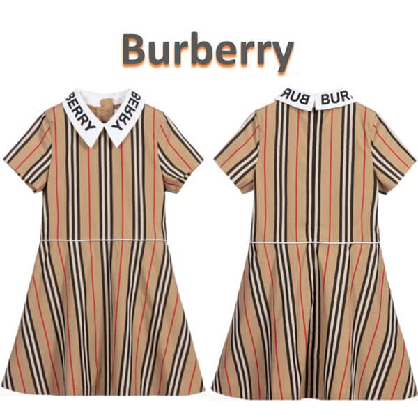 Burberry バーバリー キッズ 14a コピー ティーン ベージュ ストライプ ロゴ ドレス 関税送料込