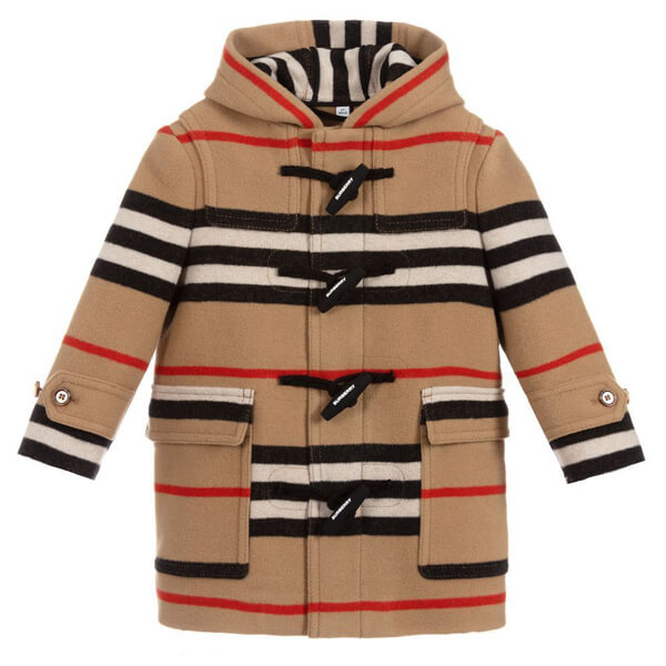 ◆BURBERRY◆バーバリー 偽物 ダウン キッズ ベージュストライプ ウールダッフルコート 大人もOK
