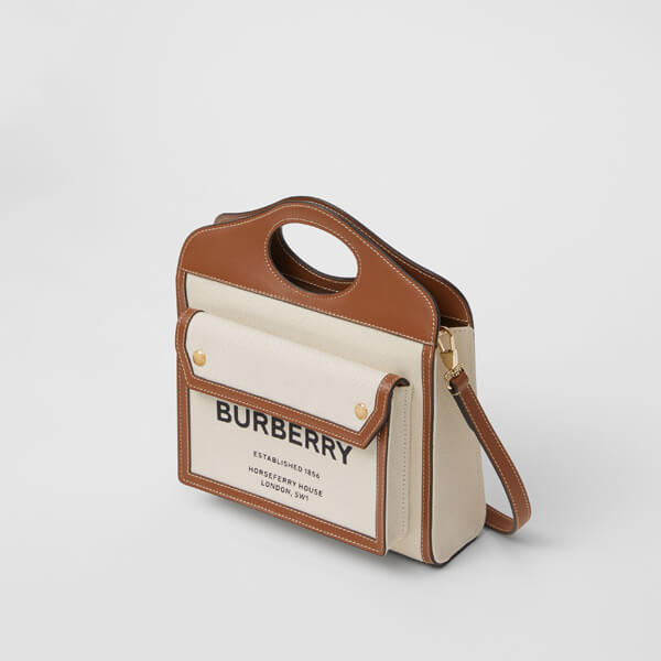 （バーバリー コピー）2020SS BURBERRY ポケットバッグ ミディアム ツートン キャンバス＆レザーバッグ