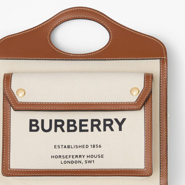 （バーバリー コピー）2020SS BURBERRY ポケットバッグ ミディアム ツートン キャンバス＆レザーバッグ