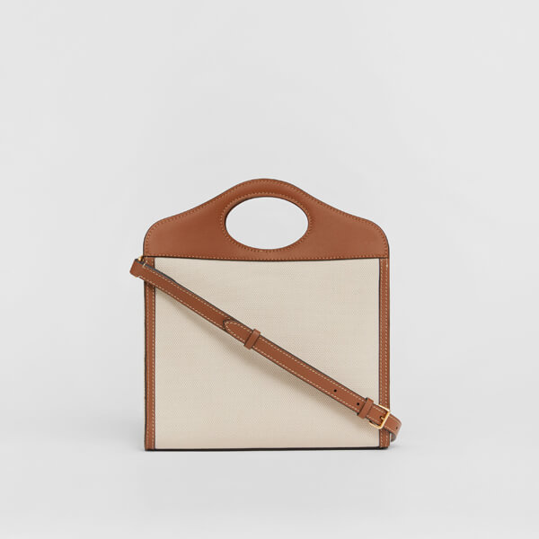 （バーバリー コピー）2020SS BURBERRY ポケットバッグ ミディアム ツートン キャンバス＆レザーバッグ
