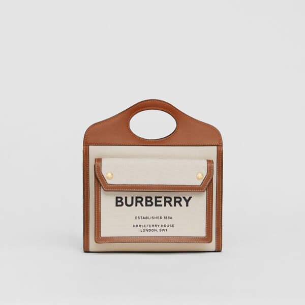 （バーバリー コピー）2020SS BURBERRY ポケットバッグ ミディアム ツートン キャンバス＆レザーバッグ