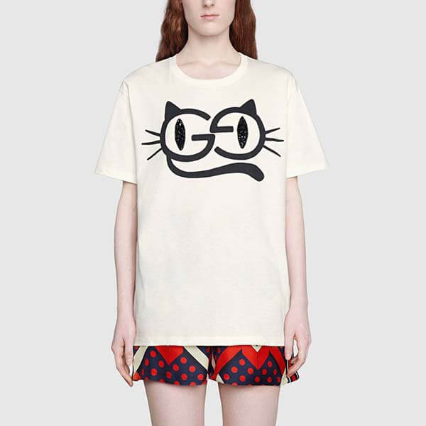 グッチ Tシャツ 偽物 キャットアイ プリント コットンジャージー Tシャツ 615044 XJDGG 9127
