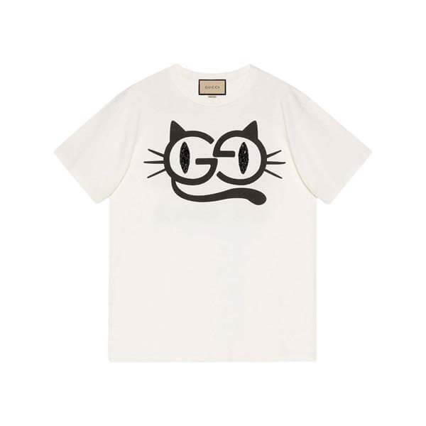 グッチ Tシャツ 偽物 キャットアイ プリント コットンジャージー Tシャツ 615044 XJDGG 9127
