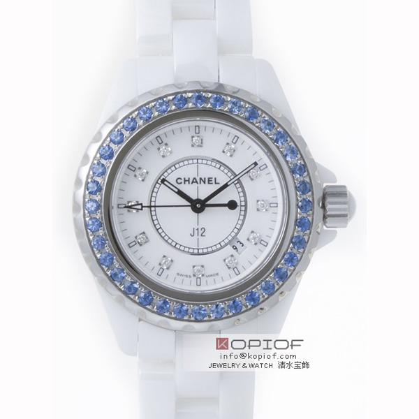 シャネルJ12 スーパーコピーH1628 33mm ホワイトセラミックブレス 12Pダイヤ ベゼルブルーサファイヤ（合成）アフター