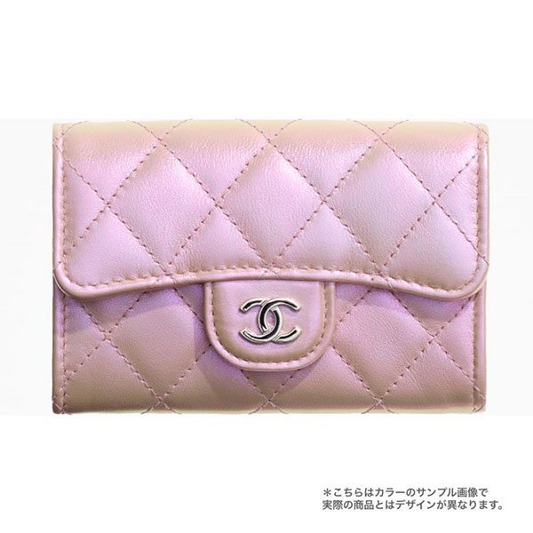 シャネル コンパクト財布 偽物★限定イリディッセントピンク 21KAP0231