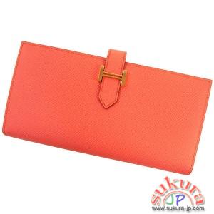 エルメス 長財布 ベアンスフレ フラミンゴ×ゴールド金具 Q刻印 RA28-O