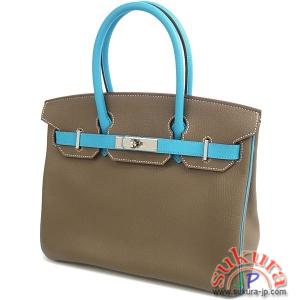 エルメス バーキン コピー 30cm エトゥープ×ブルーアズテック×シルバー金具 シェーブル O刻印