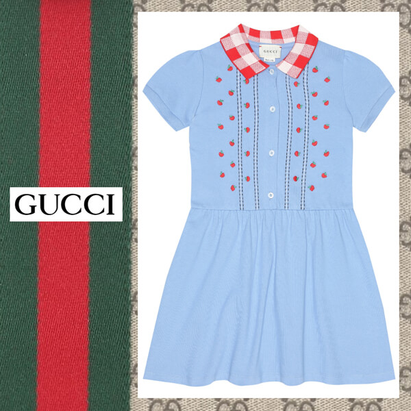 ☆グッチ☆グッチ コピー ベビー服 チェック襟×アップル刺繍ガールズピケドレス12A