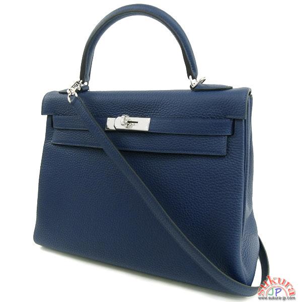 エルメス ハンドバッグ ケリー 32 cm 内縫い ブルーサフィール×シルバー金具 Q刻印