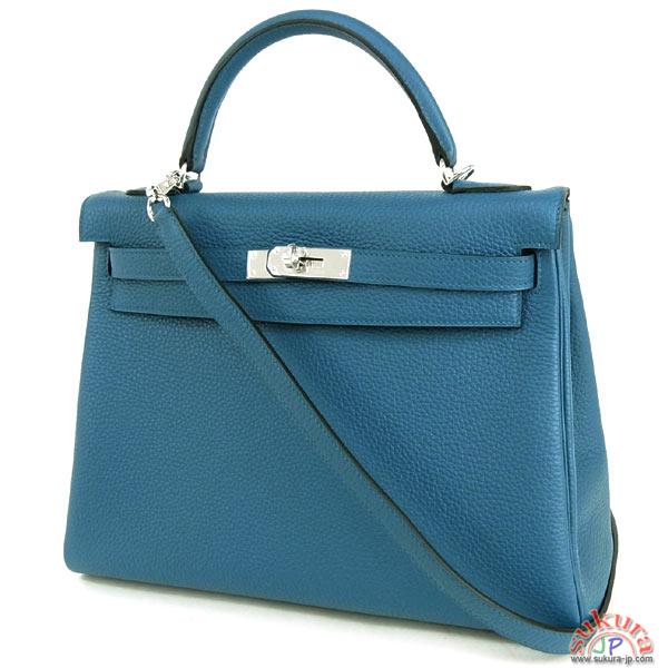 エルメス ハンドバッグ ケリー 32 cm 内縫い ブルータラサ×シルバー金具 Q刻印