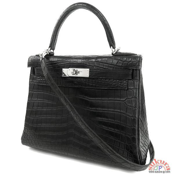 エルメス ハンドバッグ ケリー 28 cm 内縫い ブラック×シルバー金具 クロコダイル Q刻印 RA20-GZ
