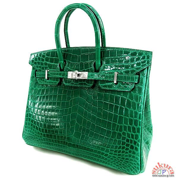 クロコダイル 偽物 エルメス バーキン コピー 25cm ハンドバッグ ヴェールエメラルド シルバー金具 クロコダイル ニロティカス シャイン Q刻印 Birkin バッグ RA19