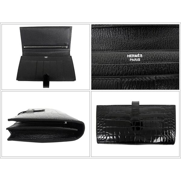 エルメス クロコダイル財布 偽物 ベアンスフレ ブラック×シルバー金具 クロコダイル アリゲーター シャイン Q刻印