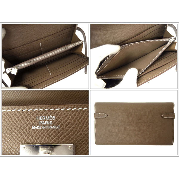エルメス 財布 コピー ケリーウォレット 二つ折り長財布 エトゥープ×シルバー金具 Q刻印 エルメス RB05-O