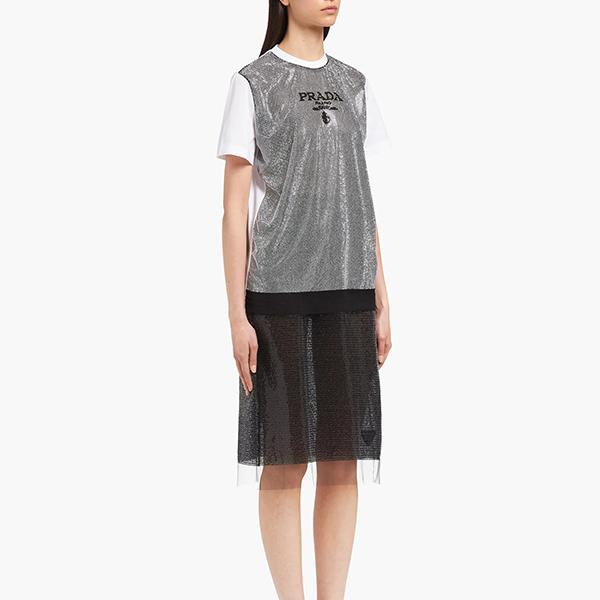 【22SS】プラダ スタッズシフォン 偽物ジャージー Tシャツ ロゴ 白/銀 3582AR10AHF0J36