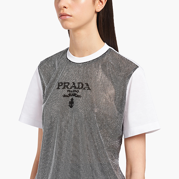 【22SS】プラダ スタッズシフォン 偽物ジャージー Tシャツ ロゴ 白/銀 3582AR10AHF0J36