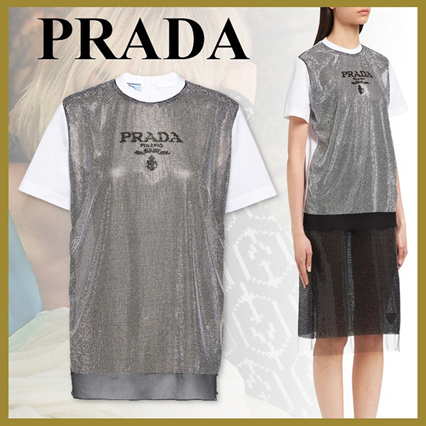 【22SS】プラダ スタッズシフォン 偽物ジャージー Tシャツ ロゴ 白/銀 3582AR10AHF0J36