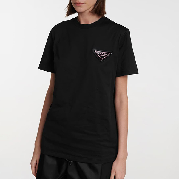 【プラダ Tシャツ 偽物】トライアングルロゴ コットン 半袖 Tシャツ ブラック