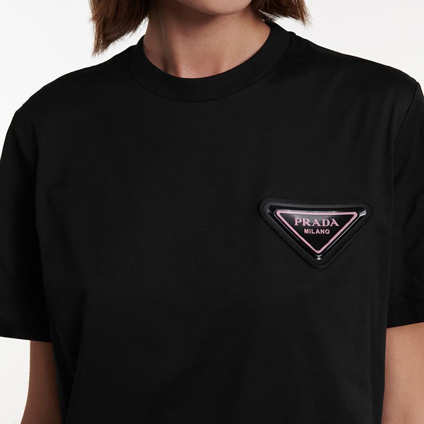 【プラダ Tシャツ 偽物】トライアングルロゴ コットン 半袖 Tシャツ ブラック