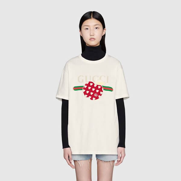 グッチ レポム Tシャツ コピー アップル＆ハート★アップルプリント レポム Tシャツ 615044XJDOI 9088 2021-22 AW