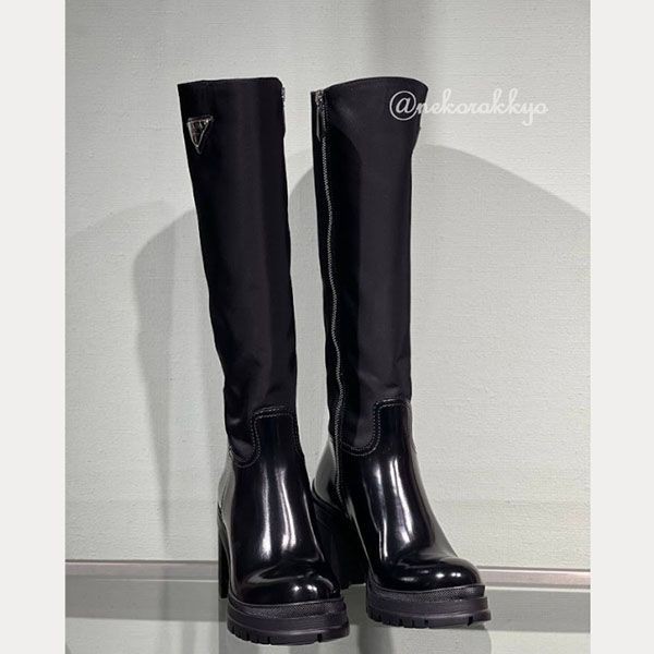 お早めに！プラダ Leather and nylon boots ロングブーツ 偽物 1W011N_3LFU