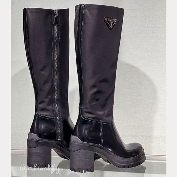 お早めに！プラダ Leather and nylon boots ロングブーツ 偽物 1W011N_3LFU