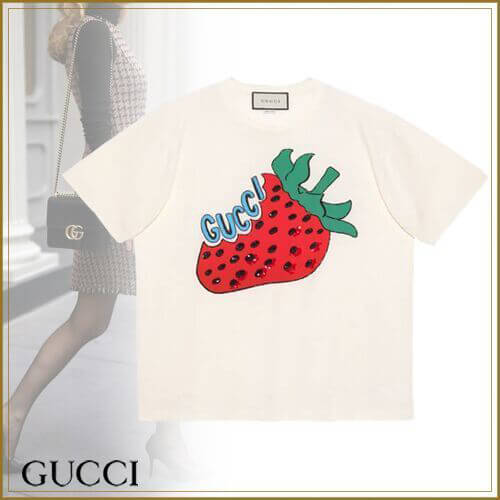 2020新作限定人気 グッチ★グッチ いちご 偽物 Tシャツ  大人コーデ ストロベリーオーバーサイズ 539081 XJA2J 7136