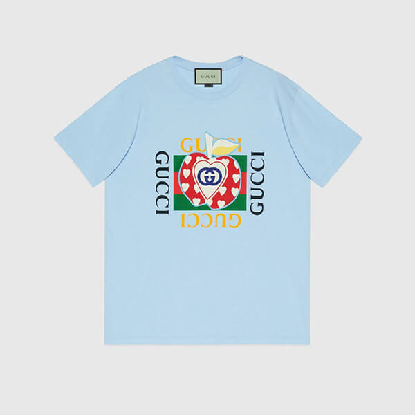グッチ ブランドコピー tシャツ グッチ レポム 偽物 レディース アップル＆ハート レポム トップス 林檎 ハート ロゴ 男女 プレタ 615044 XJDOH 7989 2021-22 AW