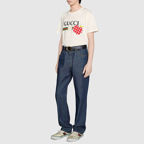 グッチ レポム 偽物【2021-22AW​】グッチ ブランドコピー tシャツ レディース アップル＆ハート レポム メンズ Tシャツ 半袖 林檎 ホワイト 548334 XJDNC 9095