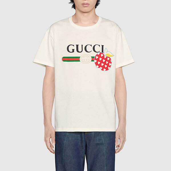 グッチ レポム 偽物【2021-22AW​】グッチ ブランドコピー tシャツ レディース アップル＆ハート レポム メンズ Tシャツ 半袖 林檎 ホワイト 548334 XJDNC 9095