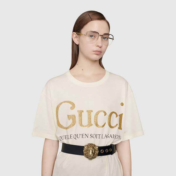 グッチ Tシャツ 偽物トップス 白 綿 GG ロゴ 金 グリッター 新作 直
