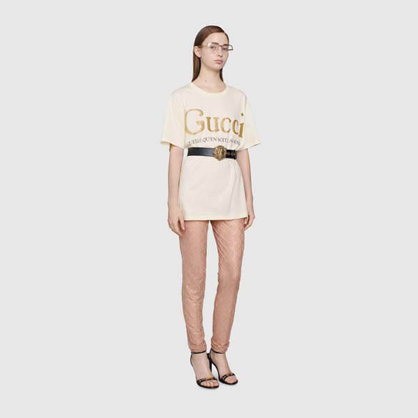 グッチ Tシャツ 偽物トップス 白 綿 GG ロゴ 金 グリッター 新作 直