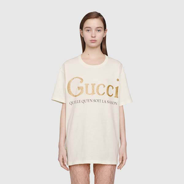 グッチ Tシャツ 偽物トップス 白 綿 GG ロゴ 金 グリッター 新作 直