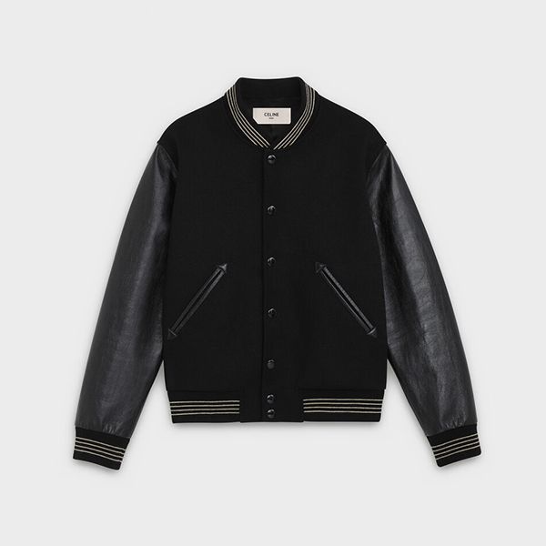 セリーヌ テディジャケット 偽物 レザースリーブ ウール ブラック