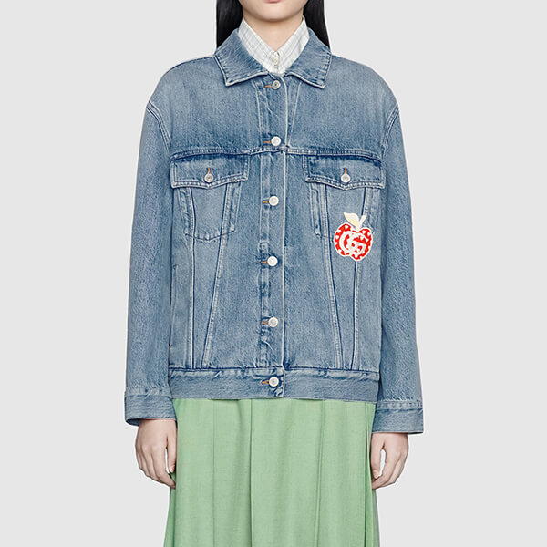 グッチ レ ポム 偽物【2021-22 AW】グッチ ジャケット コピー アップル＆ハート レポム パッチ デニム リンゴ 661689 XDBP2 4452