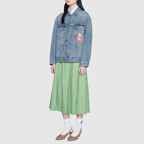 グッチ レ ポム 偽物【2021-22 AW】グッチ ジャケット コピー アップル＆ハート レポム パッチ デニム リンゴ 661689 XDBP2 4452