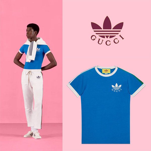 アディダス グッチ トレフォイルプリントTシャツ コピー 鮮やかなブルー色 691637XJEKL4744