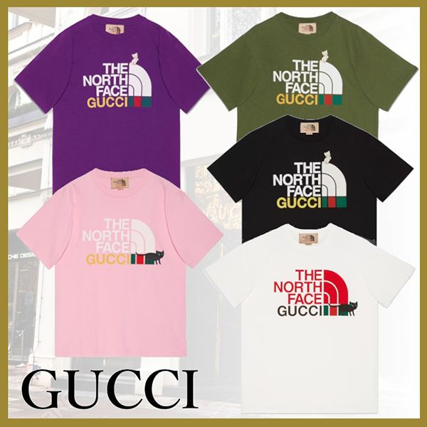 可愛い グッチ ノースフェイス パロディ*ロゴ&キャットメンズTシャツ 送料込*616036XJDRD5137