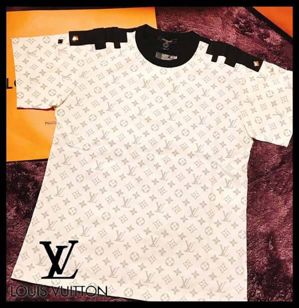 21SS春夏◆ルイヴィトン Tシャツ パロディ◆シルバーモノグラムショルダータブTシャツ1A8TLJ