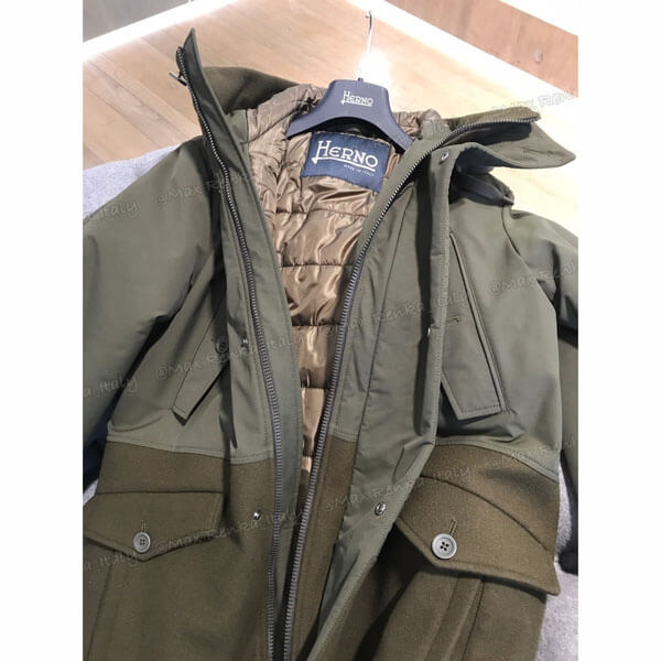 ヘルノ ダウン 偽物 日本未入荷【HERNO】ウール＆ナイロンパネルロングコート