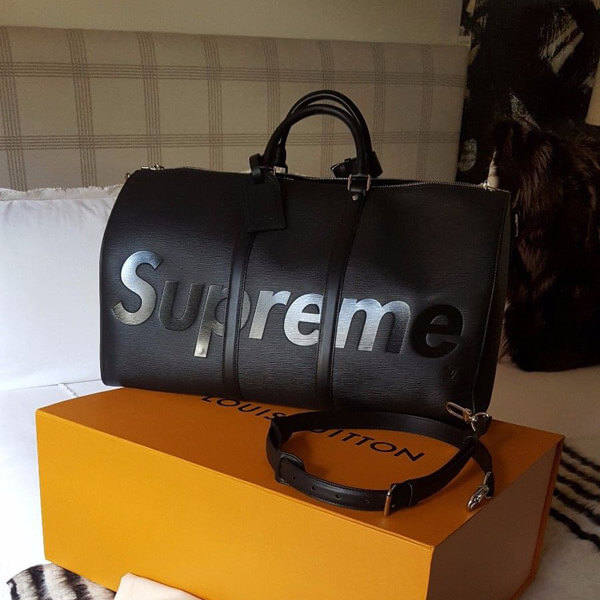ルイヴィトン×シュプリームコピー M53433 17AW シュプリーム ルイヴィトン KEEP.45 BA.SP EPI DWT NOIR エピ キーポルバンドリエール45 ボストンバッグ エピレザー ノワール ブラック ユニセックス