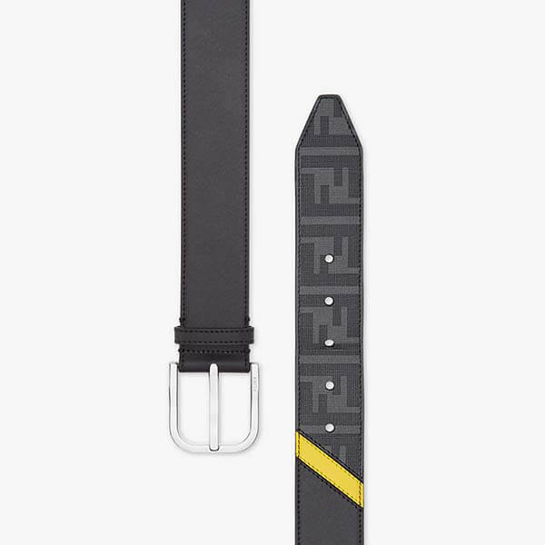 [フェンディ ベルト 偽物] ズッカ ファブリック x ブラック レザー メンズ ベルト 7C0400A9XSF