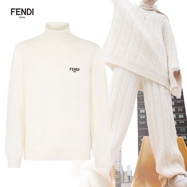 フェンディ 偽物 セーター ホワイトニット ハイネック ロゴ刺繍 FZY470AM0ZF0QA0