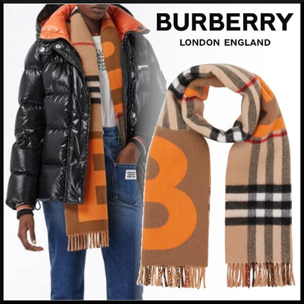 SS21◆バーバリー マフラー 偽物 BURBERRY◆チェック＆Bモチーフ カシミアスカーフ